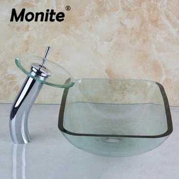 Monite Skaidrus stiklo baseinas Kvadratinis chromuotas maišytuvas Praustuvas Vonios kambario stiklinė kriauklė su vandeniu Iššokantis kanalizacijos baseino rinkinys