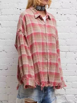 Moteriška palaidinė 2023 Nauji pledai Dėvėti viengubais laisvi vintažiniai marškiniai ilgomis rankovėmis