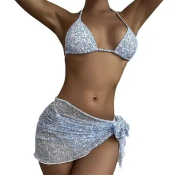 Moteriškas maudymosi kostiumėlis 3Pcs Split Bikini Floral Print Tvarstis Ladies Backless Trikampis maudymosi kostiumėlis plaukimui купальник 2022 новинка