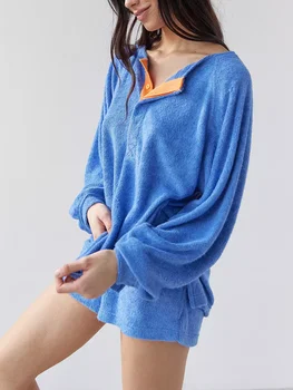 Moteriškas pliušinių pižamų komplektas 2 dalių laisvalaikio drabužių kostiumai ilgomis rankovėmis ir sutraukiami šortai miego drabužių apranga