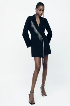 Moteriško rudens kostiumo stiliaus kombinezonas 2023 Naujas biuro moteriškas blizgus kutas Paltas ilgomis rankovėmis Trumpas komplektas