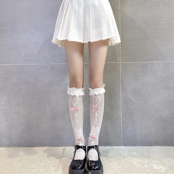 Moteriškos nėriniuotos blauzdinės kojinės Lolitos lankai Kelio kojinės Japoniško stiliaus princesės šlaunys Aukštos laisvos kojinės panelėms merginoms