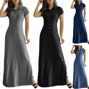 Moteriškos vasaros trumpomis rankovėmis atlapo apykaklės sagos priekyje Maxi ilgio suknelė su kišenėmis Šoninės padalintos A linijos marškinių suknelės Dropship