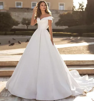 Moteriškos vestuvinės suknelės V-kaklas Elegantiška temperamento suknelė Vestuvinės suknelės Vientisas stilius ir nuotakos suknelių elegancija