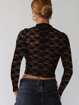 Moterys ilgomis rankovėmis nėrinių viršus seksualus pamatyti per vientisą tinklelį ploni prigludę marškinėliai Vintažiniai Y2K fėja Grunge palaidinė Gatvės drabužiai