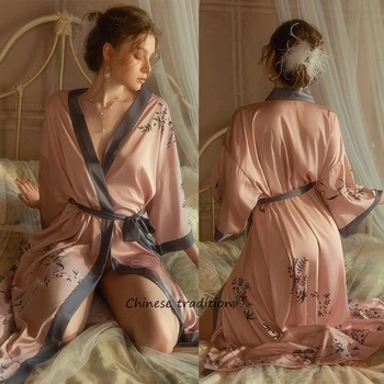 Moterys Naktiniai drabužiai Šilkas Viskozė Chalatas Femme Peignoir gėlių spauda Laisvalaikio drabužiai Kimono chalatas Oversize miego drabužiai Seksualus intymus apatinis trikotažas