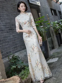 Moterys patobulino Qipao Naujas ilgas kinų stilius Fishtail suknelė Elegantiškas pasivaikščiojimas Šou Spektaklis Kinų etninė Hanfu Qipao