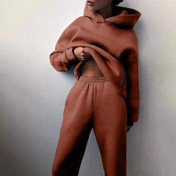 Moterys Solid Solor Casual Fashion Ilgos kelnės Storos ilgomis rankovėmis džemperis su gobtuvu Kostiumas Laisvas prigludusios sportinės kelnės Dviejų dalių komplektas Apranga
