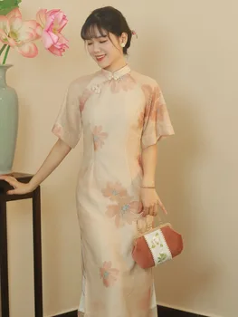 Moterys Žalia Rožinė Cheongsam Raglan rankovė Vasarinė suknelė plius dydis Šou kostiumas Gėlių ilga suknelė Kinų stilius Nuo S iki XXL S1925