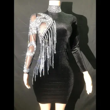 Moterų vakarėlio gimtadienio suknelė Šou Spektaklio scena Dėvėti seksualią vienos rankovės tinklelį Žiūrėti per trumpą aksominį cirkonio suknelę