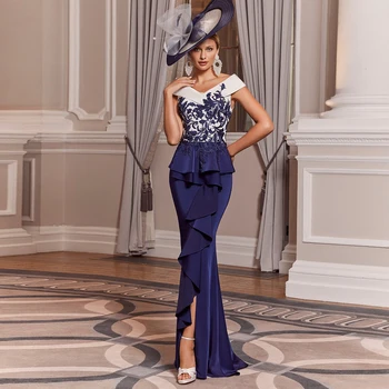 Mėlyna undinėlė Elegantiška nuotakos suknelių mama 2022 Grindų ilgis nuo pečių Elegantiška vestuvinė suknelė V kaklo aplikacijos