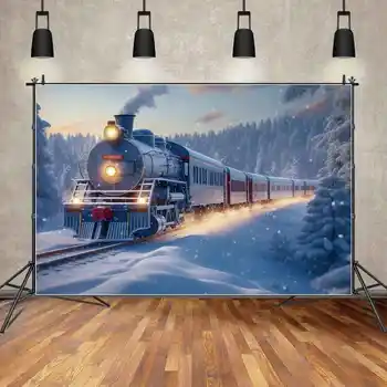 MĖNULIS. QG fotografija Fonas Kalėdų traukinys Pušys Fonas Snaigė Žiemos miškas Geležinkelio dekoracijos Foto būdelės Rekvizitai