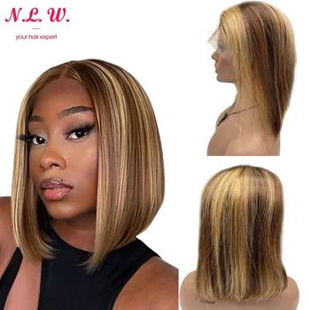 N.L.W P4/27 spalvos nėrinių priekiniai žmogaus plaukų perukai 13*4 trumpi Bobo tiesūs žmogaus perukai 12 colių priekiniai plaukai moterims 180% tankis