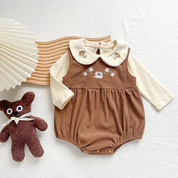 Naujagimio mergaitės romperis Drabužių komplektas Pakaba+Marškiniai2Vnt Velvetas Baby Toddler Siuvinėjimo kombinezonas Onepiece Baby Clothes 6-24M