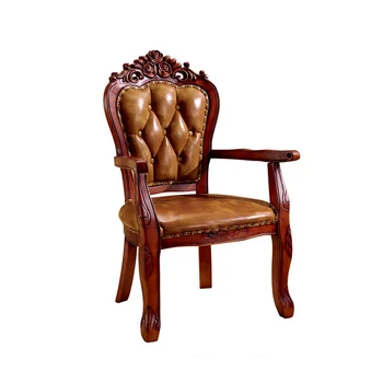 Naujas gėlių fotelis Medžio masyvo raižiniai Tamsiai rudi odiniai apmušalai Antikvarinė ąžuolo karališkoji valgomojo kėdė