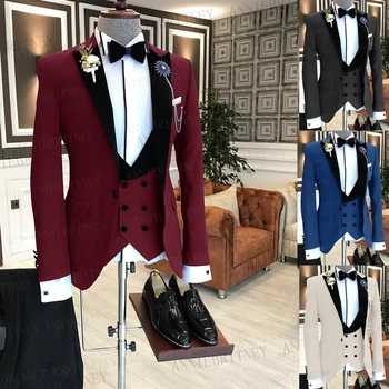 Nauji oficialūs vyriški kostiumai Wedding Slim Fit Groom suknelė Smokingas Tailored Oversize Burgundy Blazer Business Jacket Liemenė Kelnės 3 vnt