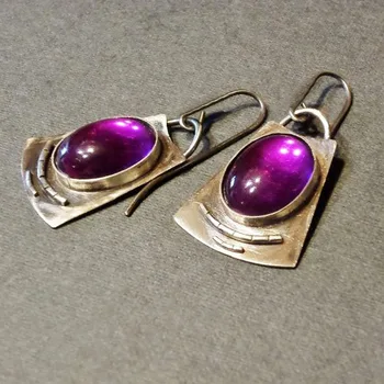 Nauji retro ovalo formos violetinio akmens auskarai Klasikiniai sidabro spalvos geometriniai metaliniai kabliukai Kabantys auskarai moterims
