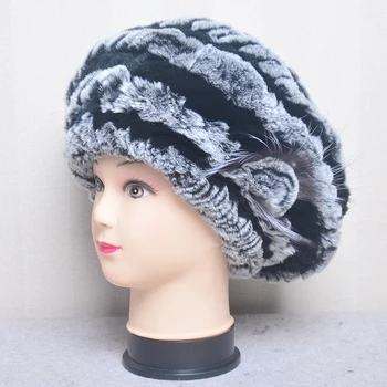 Naujos moterys Žiema Šilta Tikra kailio kepurė Megzta Ponia Tikros kailinės pupelės Kepurės Lady Gėlės dryžuotos 100% Natūrali Rex Triušio kailio kepurė