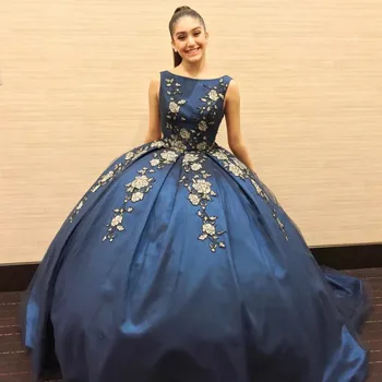 Navy Blue Graduation Dresses With Appliques Satin And Tulle Ball Gown Prom Dress Custom Made vestido de formatra