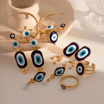 Nerūdijančio plieno mėlynos spalvos akių auskarų serija Velnio akis Retro etninė mada Vandeniui atsparus stambus metalas Perlų papuošalų dovana