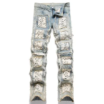 New Fashion Stitching Nightclub Style Vyriški laisvalaikio dvipusiai siuvinėjimai No Elastic Slim Small Straight Plated Jeans Patch