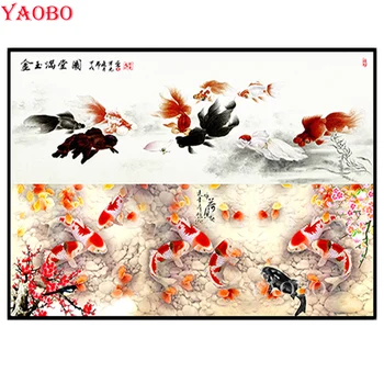 Nine Koi Fishes Deimantų siuvinėjimas Deimantų tapyba Kvadratas/Apvalūs kalnų krištolo paveikslėliai Tradicinė kinų užrašų tapyba