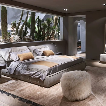 Nordic light prabangaus namo interjero dizainas komforto komplektas audinys dvigubas karaliaus dydžio medinė lova pagrindinis miegamasis vestuvinė lova