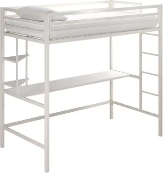 Novogratz 4370129N Maxwell Metal Twin Loft Desk & Lentynos, Baltos dviaukštės lovos,