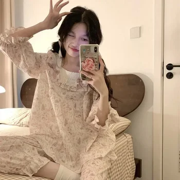 Nėriniai miego drabužiai Moteriški pižamų rinkiniai Korėjietiški Piiama pavasario rinkiniai moterims 2 vienetai Spausdinti ilgomis rankovėmis Naktis dėvi miego namų kostiumą Naujas