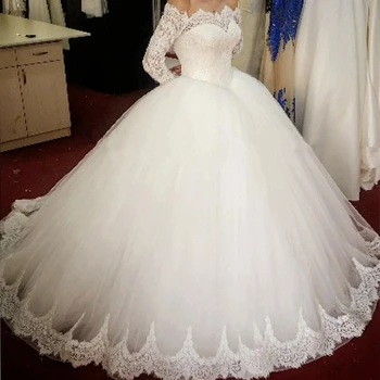 Nėriniai Princesė Nuotakos suknelė Balta plius dydžio Žavingos aplikacijos ilgomis rankovėmis Nuotakos vestuvinės suknelės Vestido De Noiva