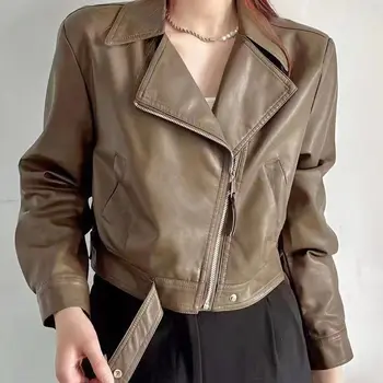 Odinis paltas, Moteriškas 2023 m. atlapo užtrauktukas, aukščiausios klasės pojūtis, laisvalaikio maža figūrėlė, retro trumpas motociklo kostiumas, PU odinė striukė