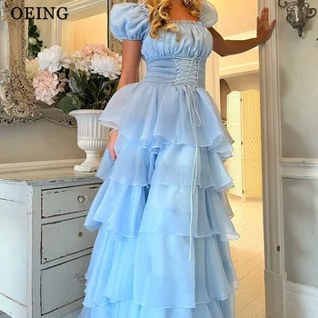 OEING Fairy Long Evening Dresses Princess Ruched Ruffles Organza Prom Suknelės Pūstomis rankovėmis Oficiali grindų ilgio išleistuvių suknelė