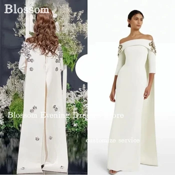 Off Shoulder Silver Sequins Flower Evening Dresses 2024 3/4 Sleeves Cape Formal Dresses For Prom Party Gown Free Shipping
