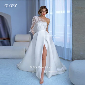 OLOEY Romantic Vintage A Line Soft Satin Wedding Dresses One Shoulder Long Sleeve Applique Floral Bridal Gowns Robe de mariage