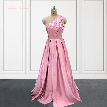 One Shoulder Dusty Pink Satin Prom Suknelės 2023 su kišenėmis moterims Pleat Ilgi oficialūs chalatai su aplikacijomis ir šoniniu plyšiu
