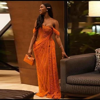 Oranžiniai nėriniai nuo pečių Prom suknelės Juodos merginos Ilgi vakariniai chalatai Afrikos moterys Oficiali proga Vakarėlio suknelė Vestidos