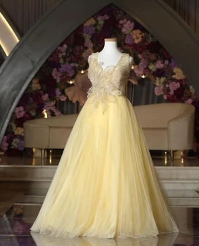 Other Shore Yellow Tulle Homecoming Dress Women Girl V Neck Handhowless Floor-Length A Line Prom Dresses 2023 شارون سعيد