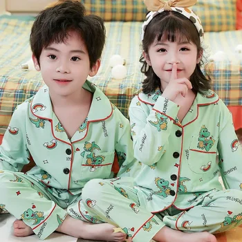Paauglių pižamos Vaikiškos pižamos Satin miego drabužiai ilgomis rankovėmis Mergaitės Berniukai Naktiniai kostiumai vaikams Drabužių komplektai