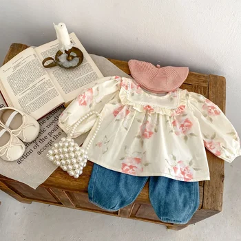 Palaidinės Rudens vaikų drabužiai Kūdikių spausdinimas Gėlių apvalus kaklas Viršūnės ilgomis rankovėmis Universalios kaubojiškos ridikėlių kelnės