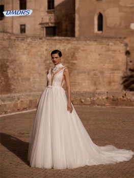 Paplūdimio blizgučiai Aplikacijos vestuvinė suknelė Romantiška tanko rankovė Grindų ilgio nuotakos šydas Pastrolis Vestidos De Novia
