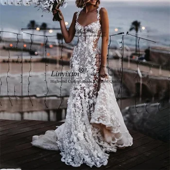 Paplūdimio nėrinių undinėlės vestuvinės suknelės Aplikacijos Spagečių dirželis Nuotakos chalatai Berankoviai Žiūrėti per teismo traukinį Vestido De Novia
