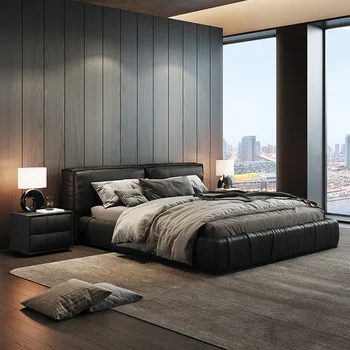 Paprasta itališka minimalistinė dviguba minkšta BED aukštos kokybės juoda oda LOVA KARALIENĖS LOVA KING LOVA