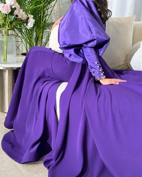 Pasaka Saudo Arabija Prom suknelės ilgomis rankovėmis Paprastos Vestidos karoliukais Violetinė Moterų vakarinė suknelė Oficiali proga Moterų vakarėlis