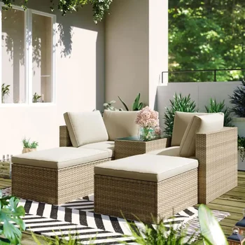 patio Furniture sodo kėdės stalas Komplektas 5 dalių pinti rotango sekcijos sofos komplektas Ruda smėlio spalvos Nemokamas derinio išdėstymas