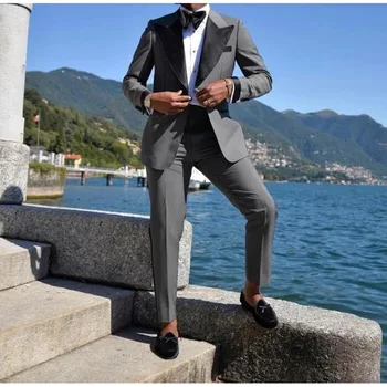 Pilki vyriški kostiumai vestuvių jaunikiams Black Peak Lapel Single Breasted Luxury Terno 2 Piece Jacket Pants Business Blazer Siuvėjas