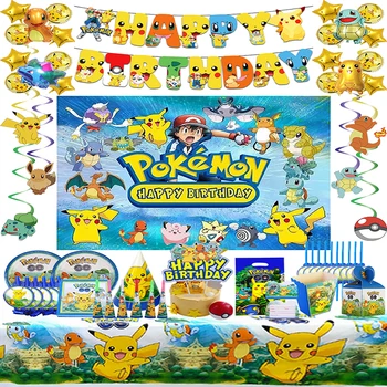 Pokemonų gimtadienio dekoracijos Vakarėlis Pikachu Indų lėkštė Servetėlė Fonas Balionai Dekoras vaikams Vakarėlis Kūdikių dušo reikmenys