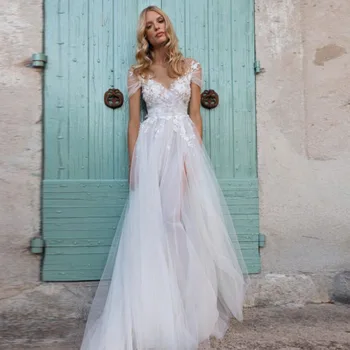 POMUSE Seksuali V-kaklo vestuvinė suknelė be rankovių be nugaros Grindų ilgio vestuvinė nuotakos suknelė Pagal užsakymą pagaminta Vestido De Novia moterims