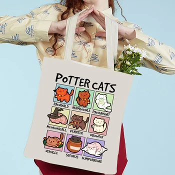 Potter Cats Canvas Bag Women Shoulder Bags Harajuku Animal Cat Funny Tote Bag Daugkartinio naudojimo pirkinių krepšys Potter Cats Moterų rankinės