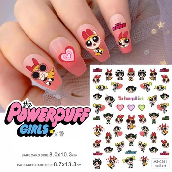 Powerpuff Girls Nagų lipdukai Priedai Kawaii Anime figūra Mielas animacinis filmas Decal nagų reikmenys Menas Nagų dalių dekoravimas