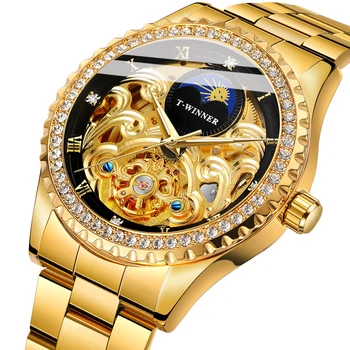 Prabangaus prekės ženklo aukso raižyti skaidrūs skeleto mechaniniai laikrodžiai vyrams Fashion Diamond Tourbillon automatinis laikrodžių plieninis dirželis